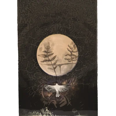 Artwork with a bird drawing, drawn patterns, full moon photography and negative photography of a farm landscape