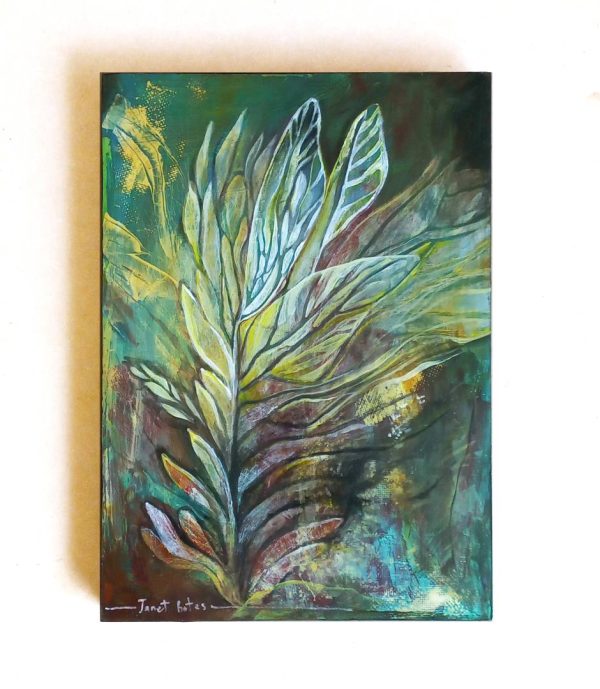 Semi-abstract mixed media painting with insect wings and leaves, inspired by hearing insects in a bush