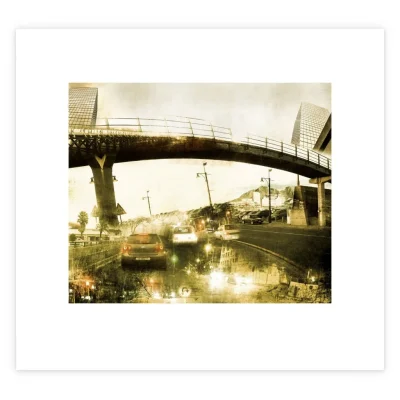 Cityscape with cars and bridge, in muted tones