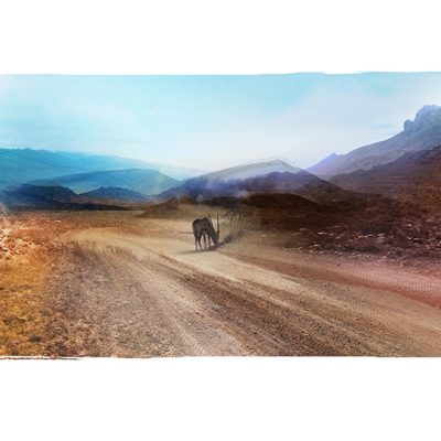 Inspire by Namibia, this artwork shows an Oryx and ground squirrels within a landscape with mountains and a dirt road