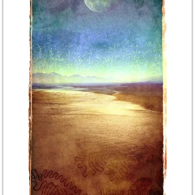Landscape print with a fullmoon and asemic symbols in the sky, mountains on the horizon and tribal patterns on the sea