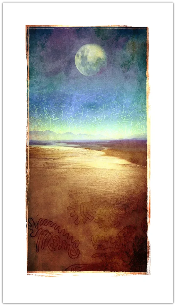 Landscape print with a fullmoon and asemic symbols in the sky, mountains on the horizon and tribal patterns on the sea