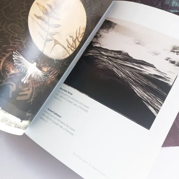 The Stones Speak, The Moss Whispers - exhibition catalogue, open on the pages of 'Almost Fullmoon' and 'Mountain Roots'.