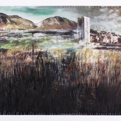 Original South African Landscape artwork of pastels, ink and threading on archival quality print by Janet Botes