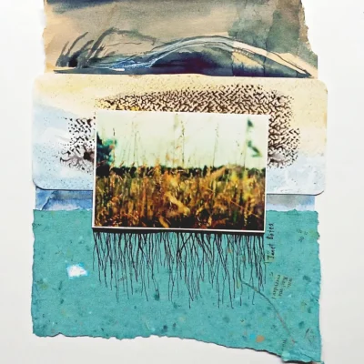 Mixed media collage artwork with photographic print, ink lines, watercolour painting and handmade paper