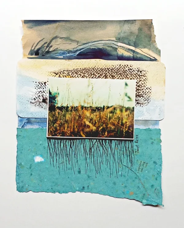 Mixed media collage artwork with photographic print, ink lines, watercolour painting and handmade paper